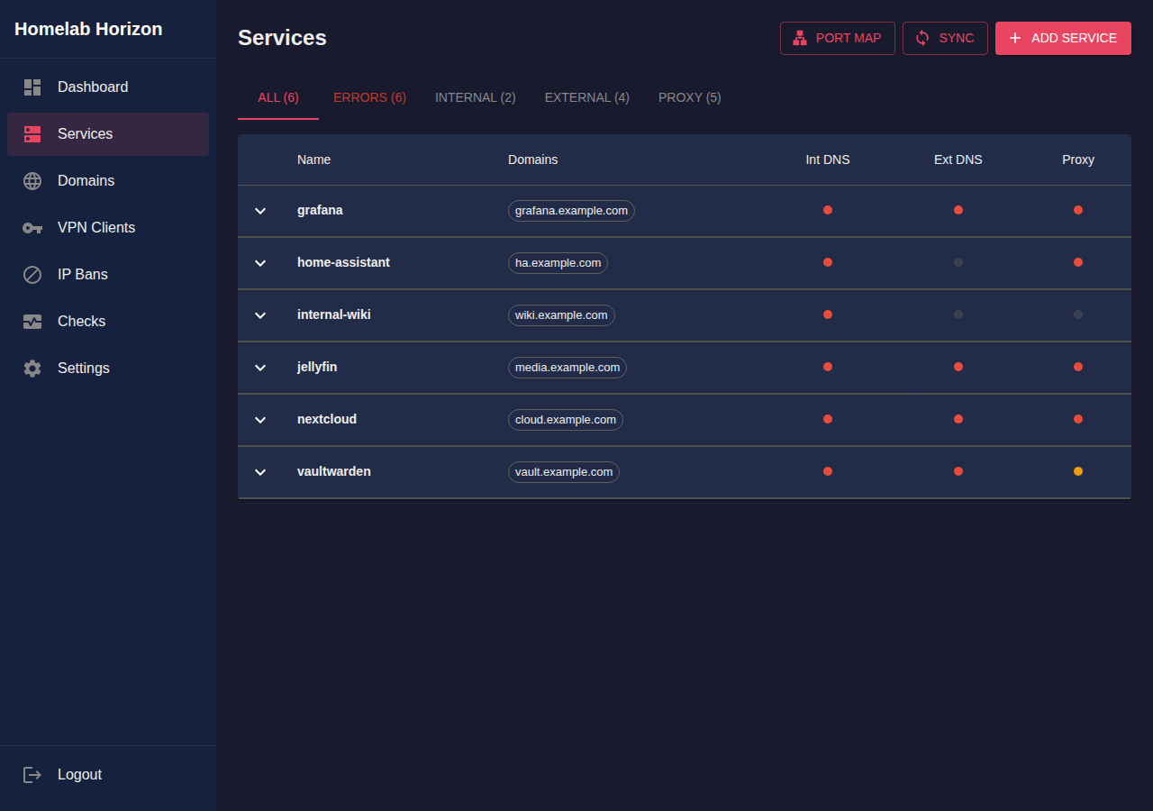 Service management — domains, DNS, proxy backends and health