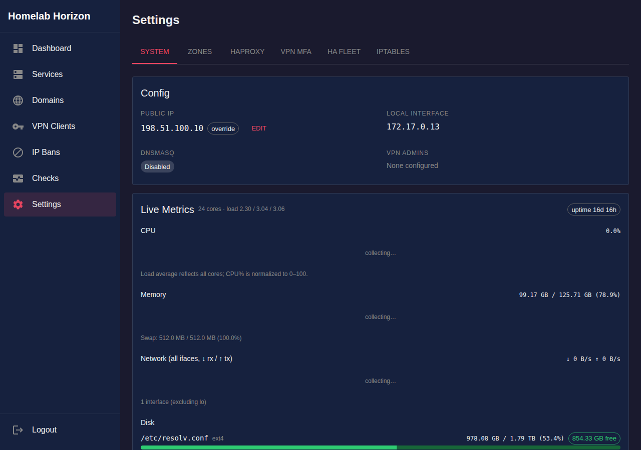 Settings — zones, HAProxy, SSL and health checks