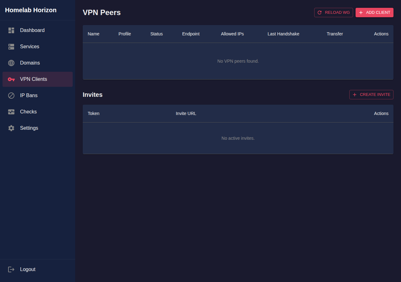 WireGuard VPN client management with QR codes and invites
